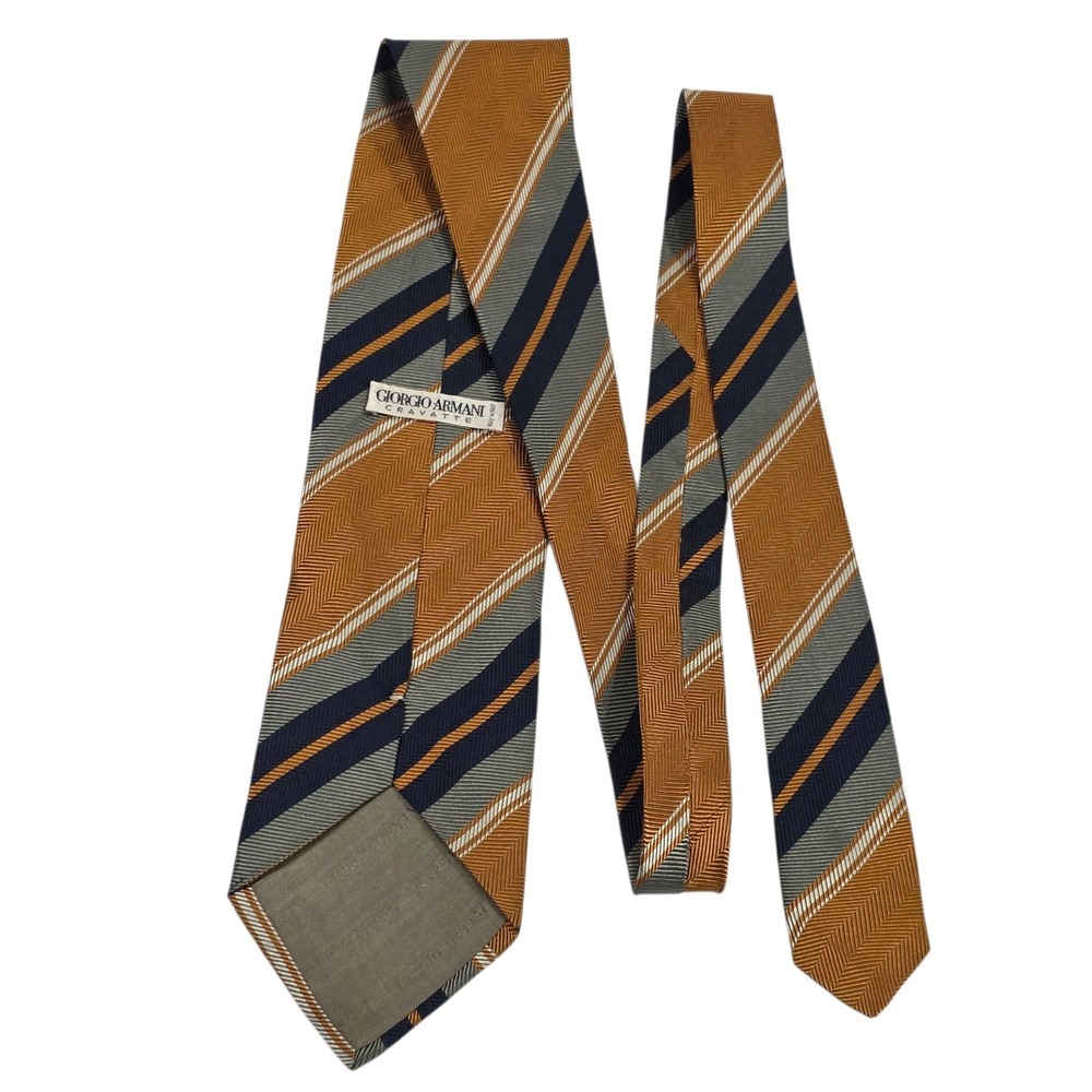 Giorgio Armani Silk Herringbone Stripe Necktie Orange Navy Grey 58in Men's Italy